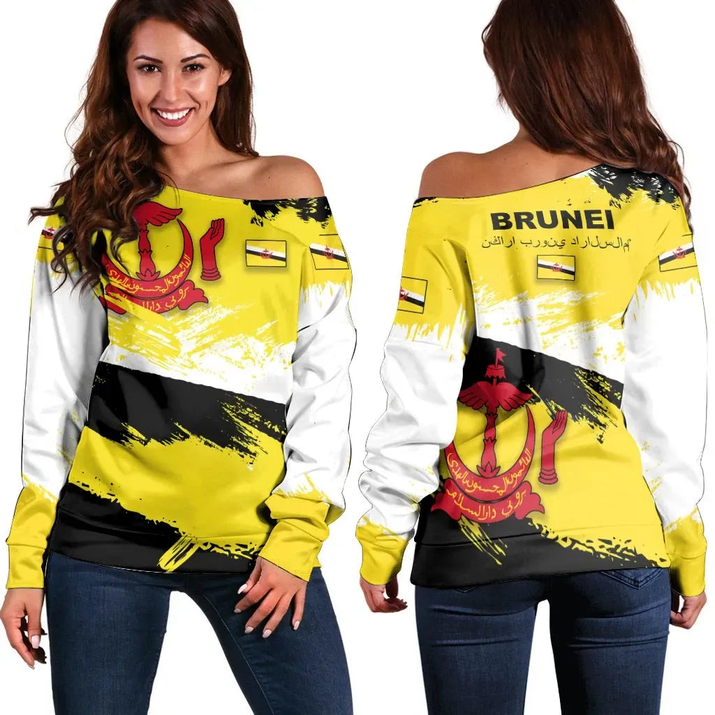 Brunei Off Shoulder Sweater - Brunei Flag Brush RLT7 - Wonder Print Shop