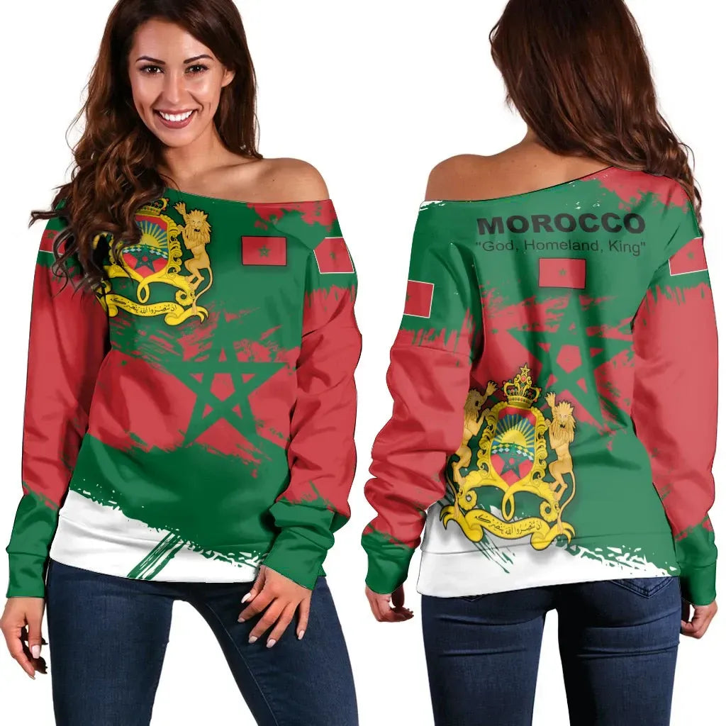 Morocco Off Shoulder Sweater Morocco Flag Brush RLT7 - Wonder Print Shop