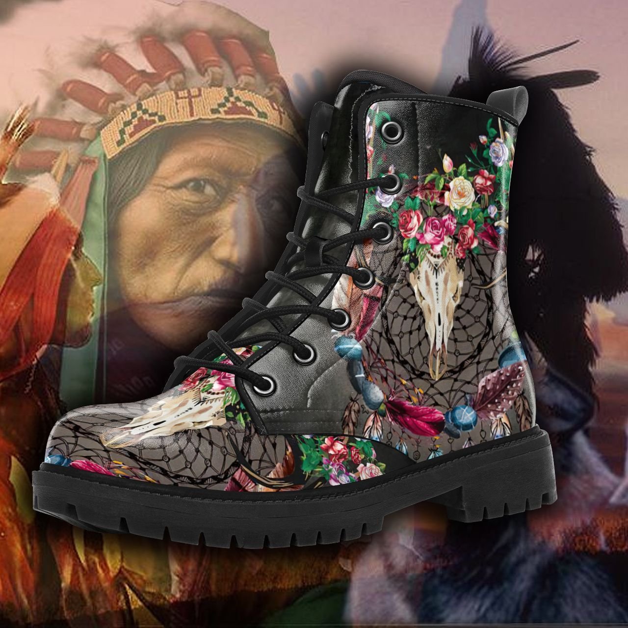 native-american-dream-catcher-leather-boots-3d