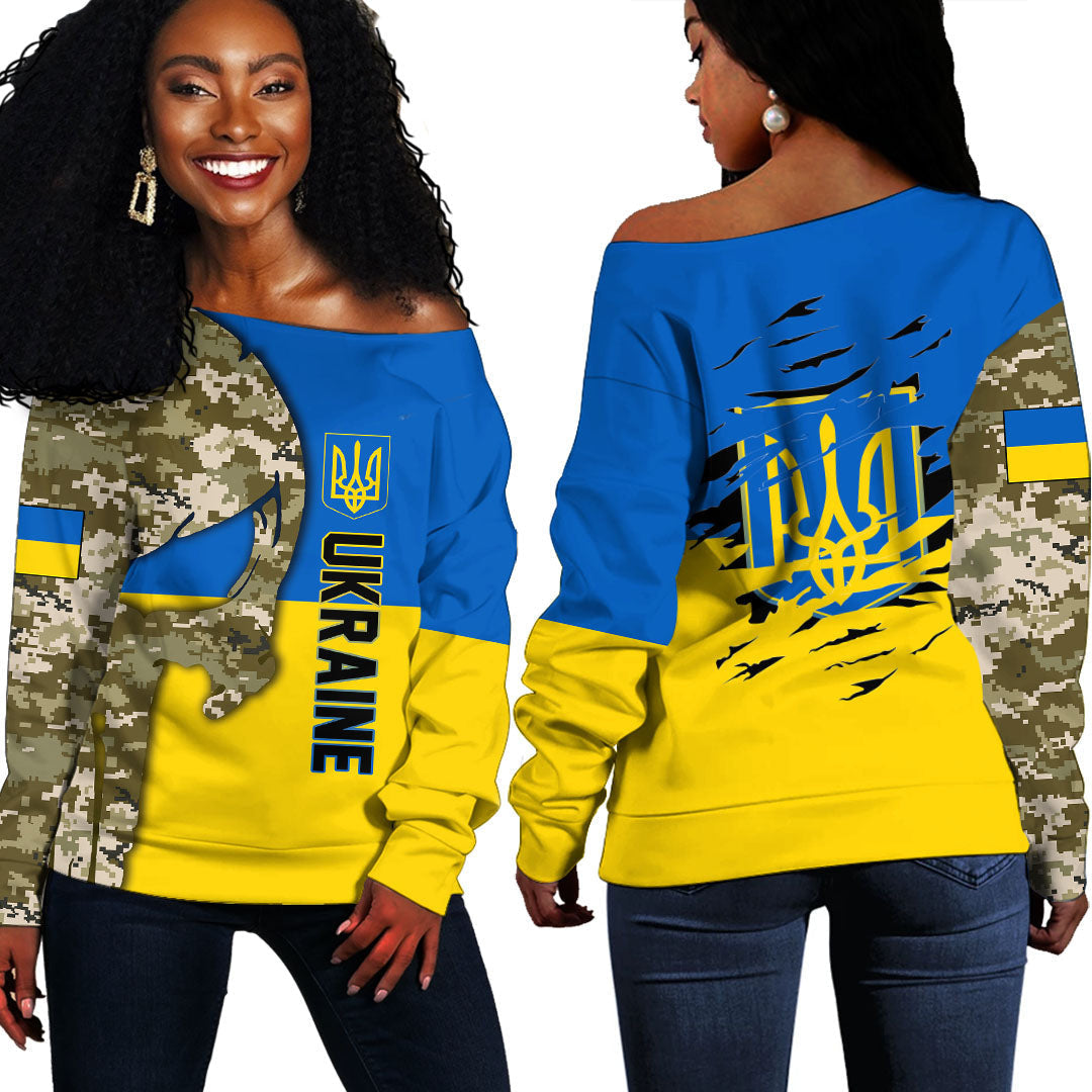 Ukraine Camo Skull Off Shoulder Sweater RLT7 - Wonder Print Shop