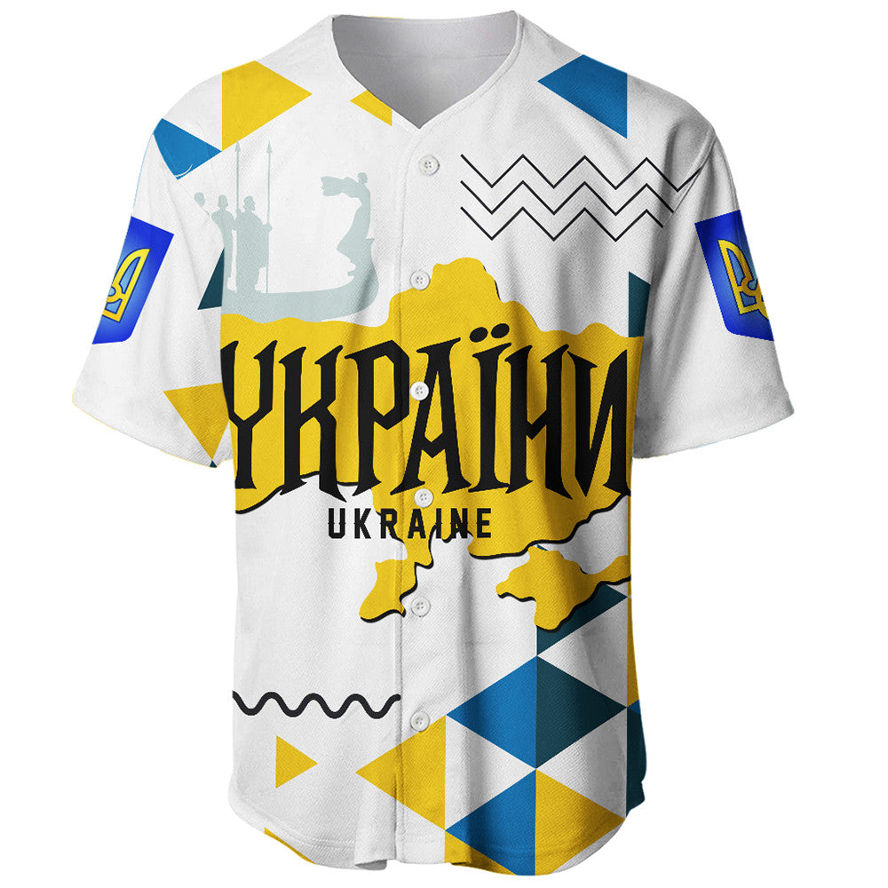 White front view baseball jersey with bold yellow-and-blue Ukraine graphic and zigzag