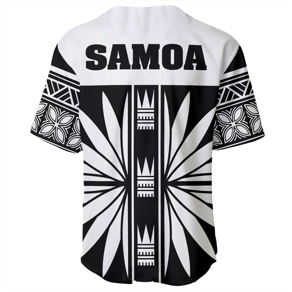 Back of black-and-white baseball jersey with large 'SAMOA' text and striped design