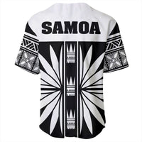 Back of black-and-white baseball jersey with large 'SAMOA' text and striped design
