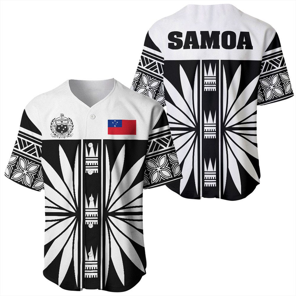 Pair view: front and back black-and-white baseball jersey with Samoa emblem and 'SAMOA'
