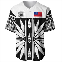 Black-and-white baseball jersey with Samoa emblem, flag panel, and central graphic