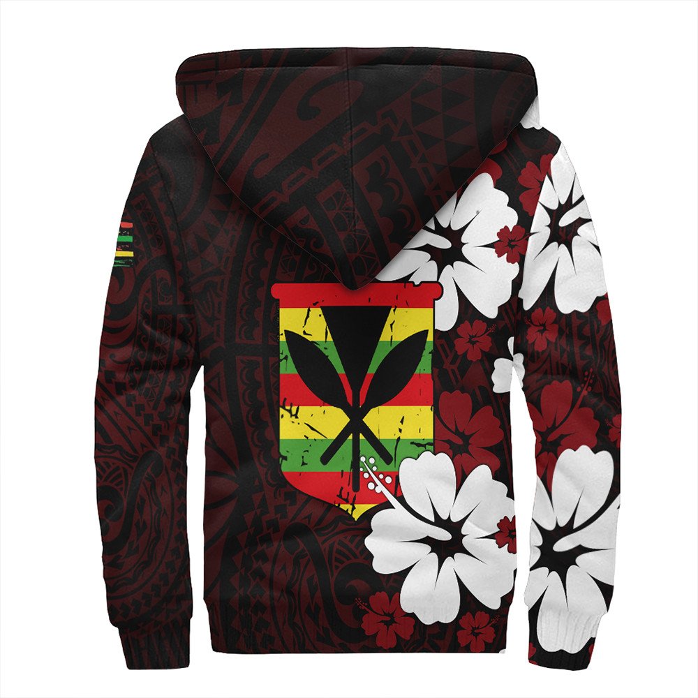 Dark red hoodie with hibiscus emblem, white flower print, and hood kangaroo pocket