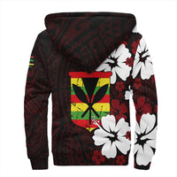 Dark red hoodie with hibiscus emblem, white flower print, and hood kangaroo pocket