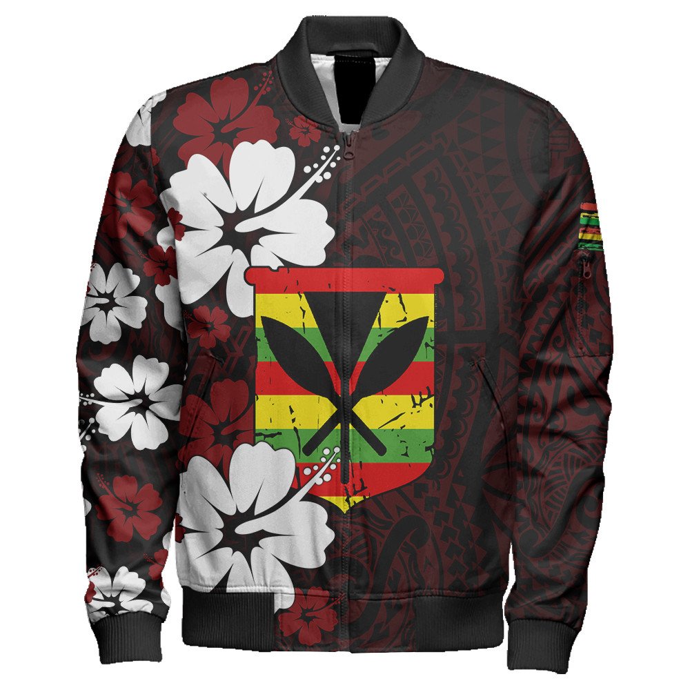 Wonder Print Shop Jacket - Hawaii Kanaka Hibiscus Style Sleeve Zip Bomber Jacket LT10 - Wonder Print Shop