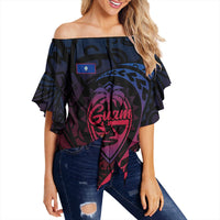 Black off-shoulder wrap waist top with Guam graphic and flutter sleeves, womens