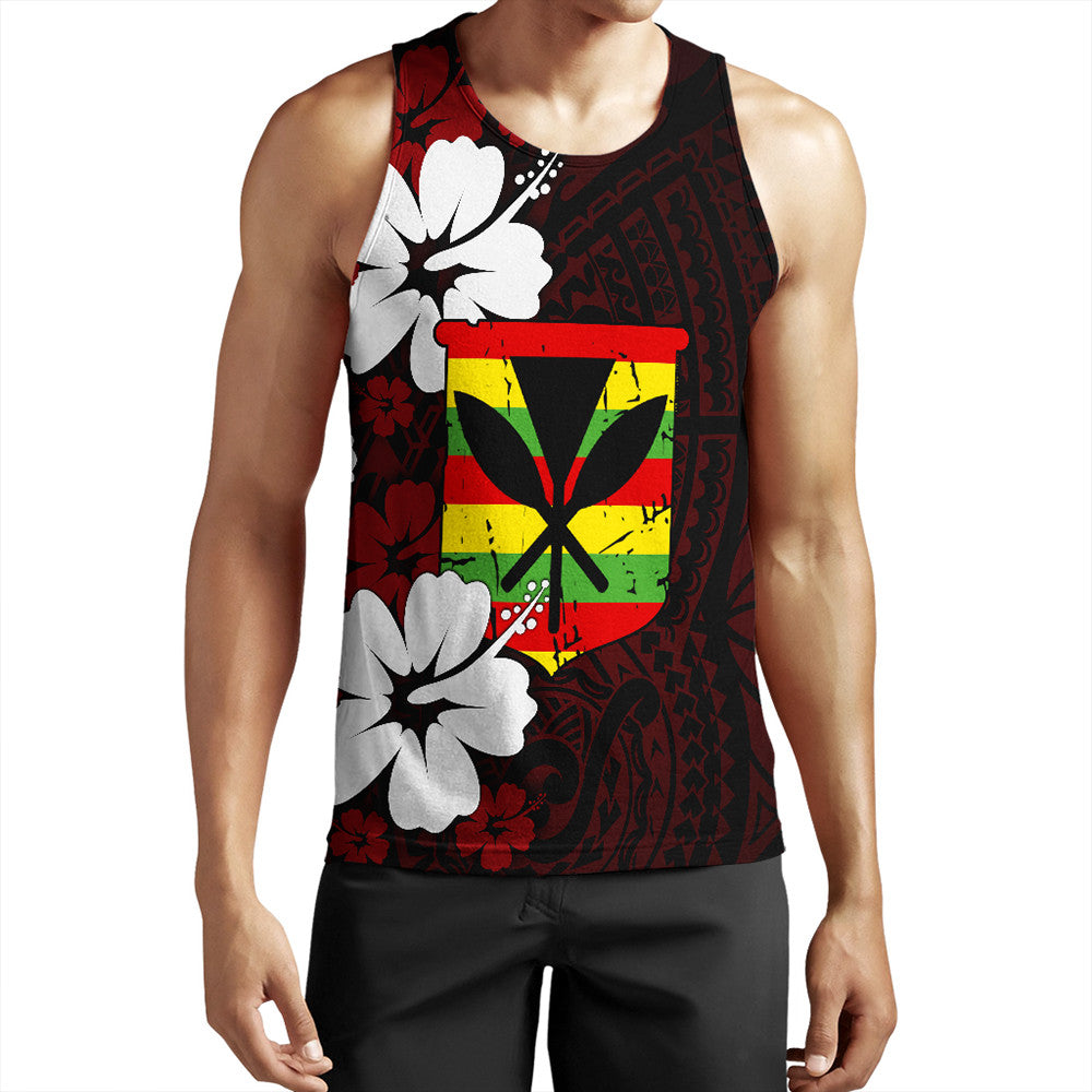 Red tank top with black base, hibiscus flowers, and multicolor emblem graphic front