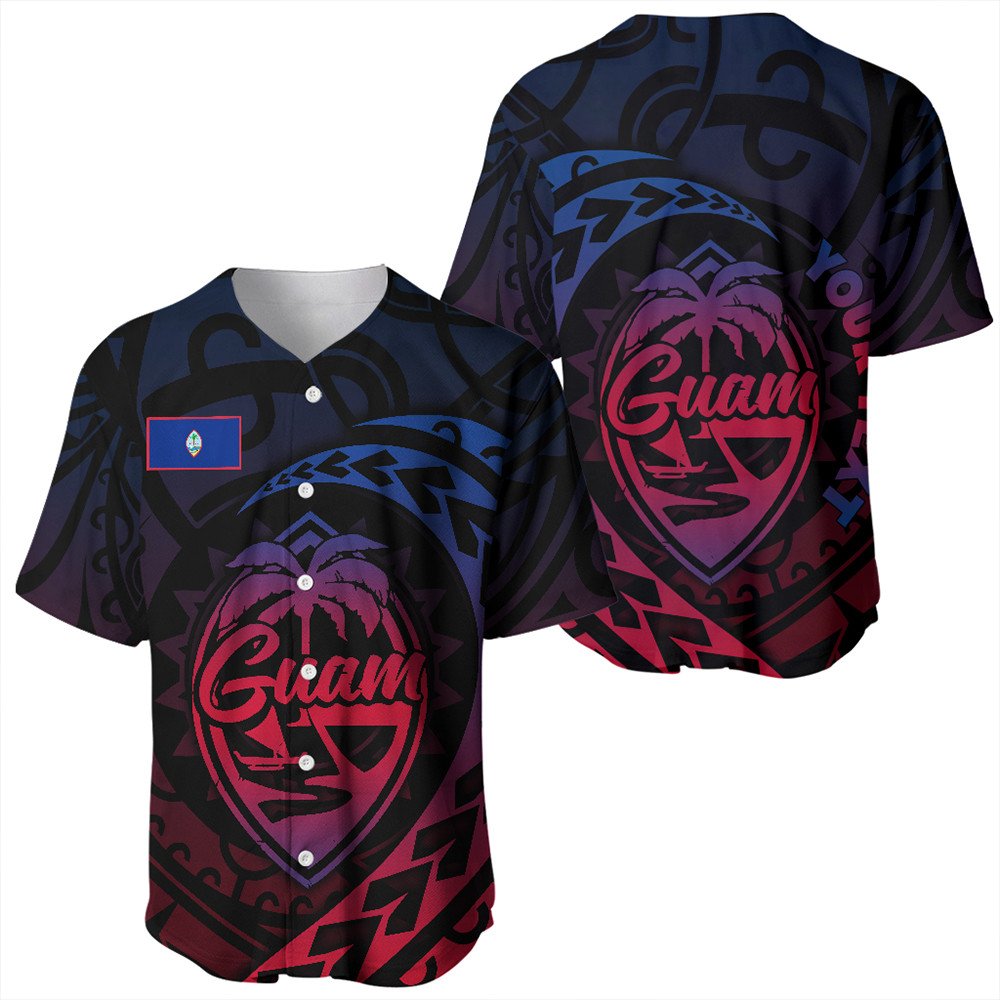 Set of Guam Rising baseball jerseys, front and back views with crest and V-neck buttons