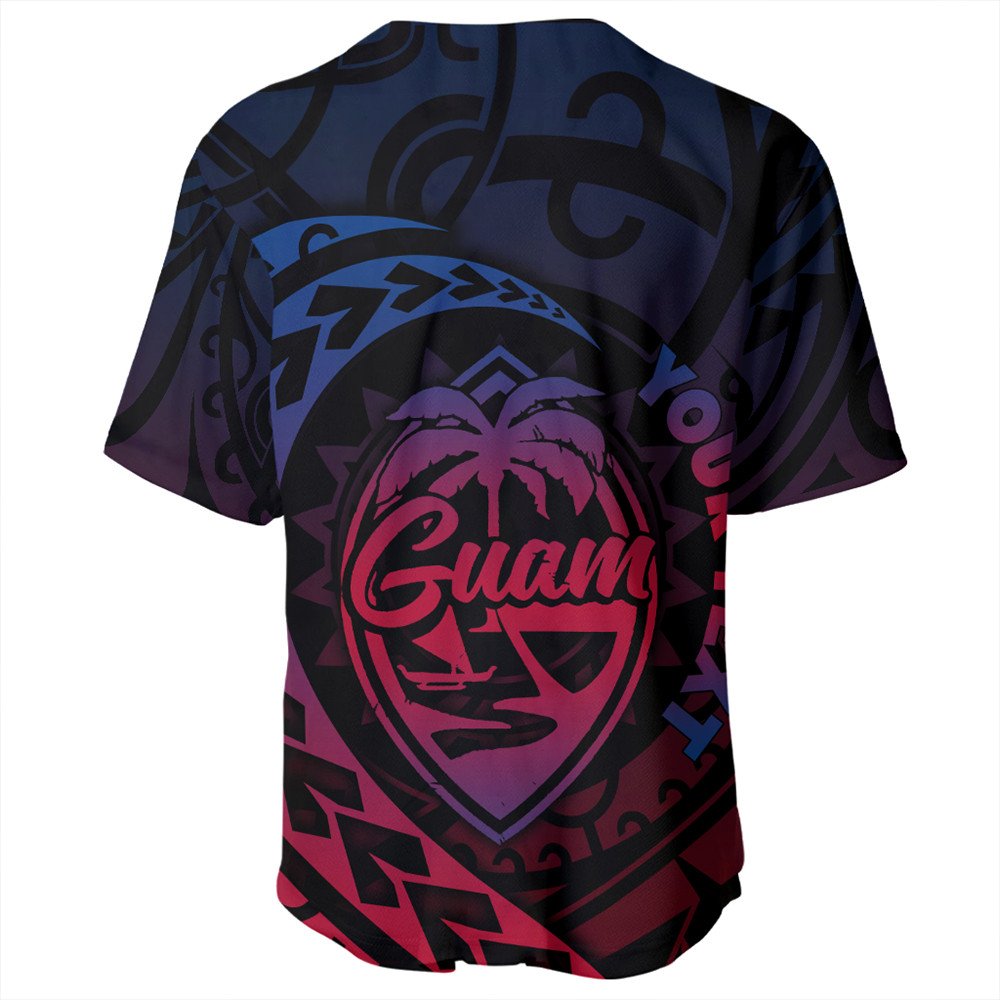 Back of Guam Rising style baseball jersey, dark base with large Guam crest graphic