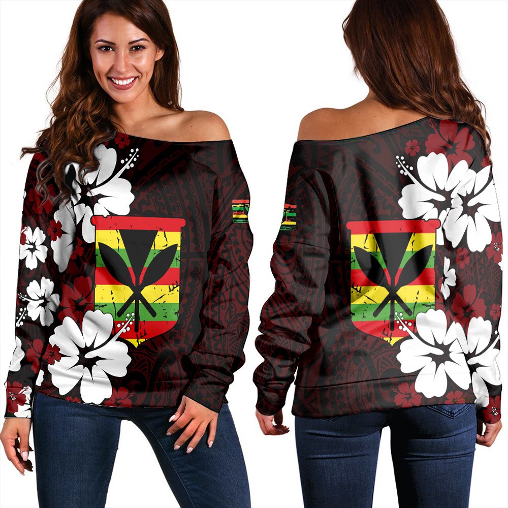 Women off-shoulder sweatshirt, red hibiscus floral square graphic, long sleeves