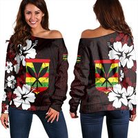 Women off-shoulder sweatshirt, red hibiscus floral square graphic, long sleeves