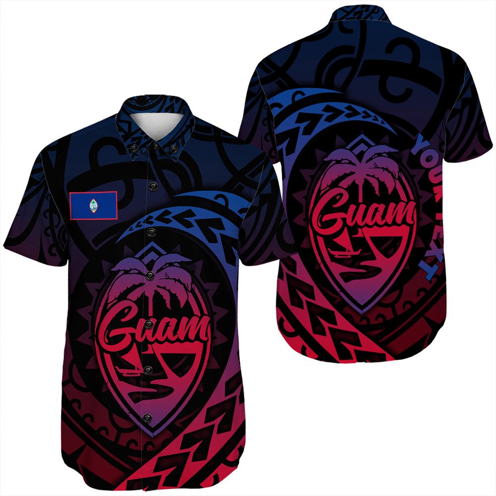 Black short-sleeve polo front and back, featuring 'Guam' graphic and tribal pattern
