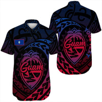 Black short-sleeve polo front and back, featuring 'Guam' graphic and tribal pattern