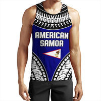 Blue tank top with 'AMERICHN SAMOA' front graphic and black patterned collar