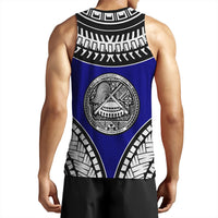 Blue tank top back print with circular tribal emblem and black geometric border