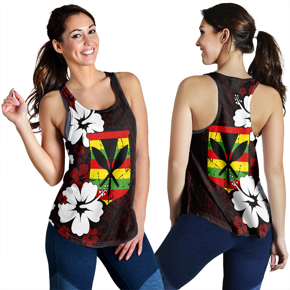 Racerback tank top with red hibiscus and white floral graphic, black background