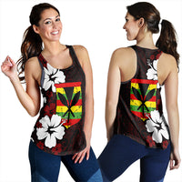 Racerback tank top with red hibiscus and white floral graphic, black background