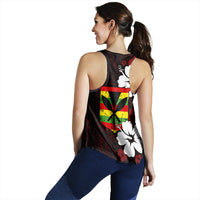 Back view racerback tank with red hibiscus panel and white floral accents
