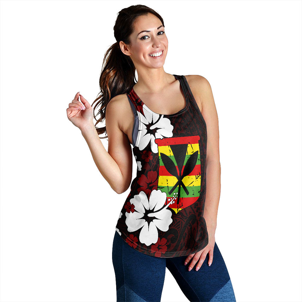 Hawaiian hibiscus racerback tank with bold red/yellow/green panel and white flowers
