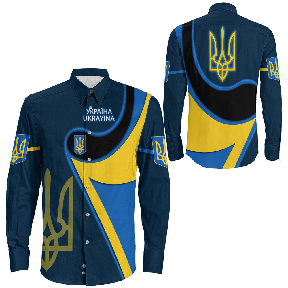Ukraine Gold Trident Flag Coloury Fashion Long Sleeve Button Shirt RLT7 - Wonder Print Shop