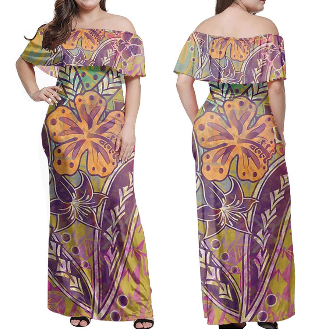 polynesian-dress-hibiscus-floral-tribal-watercolor-off-shoulder-long-dress