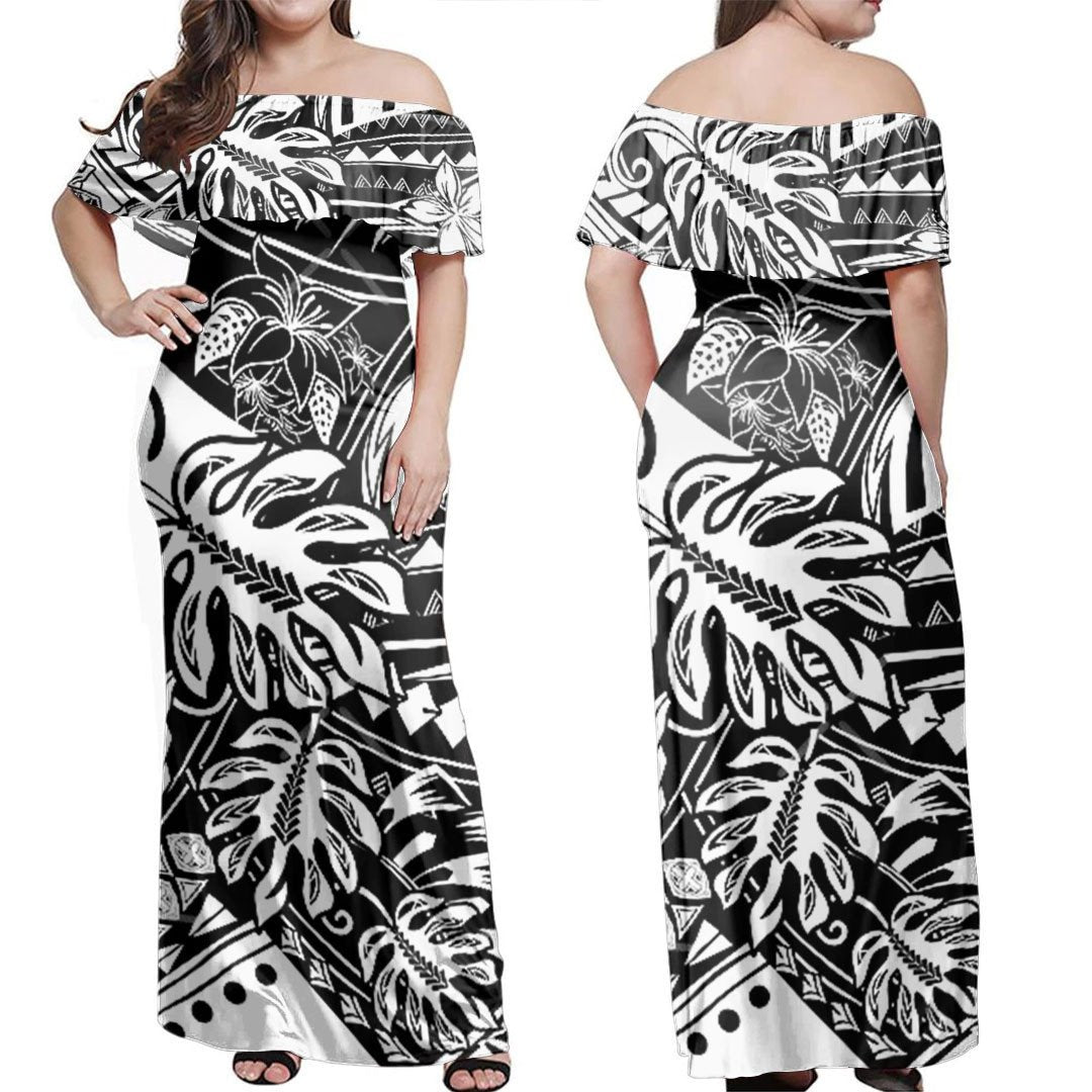 polynesian-dress-black-and-white-tribal-off-shoulder-long-dress