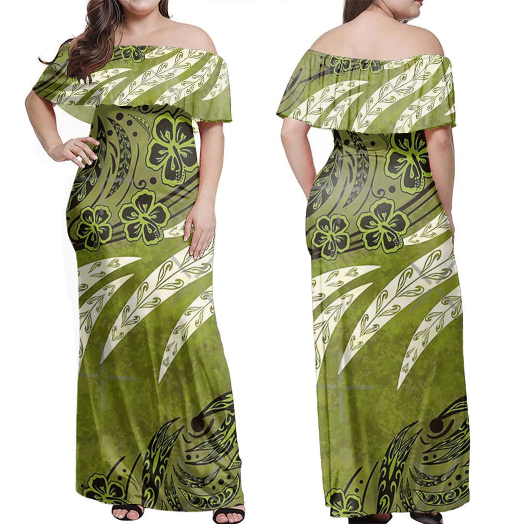 polynesian-dress-tribal-olive-green-floral-splash-off-shoulder-long-dress