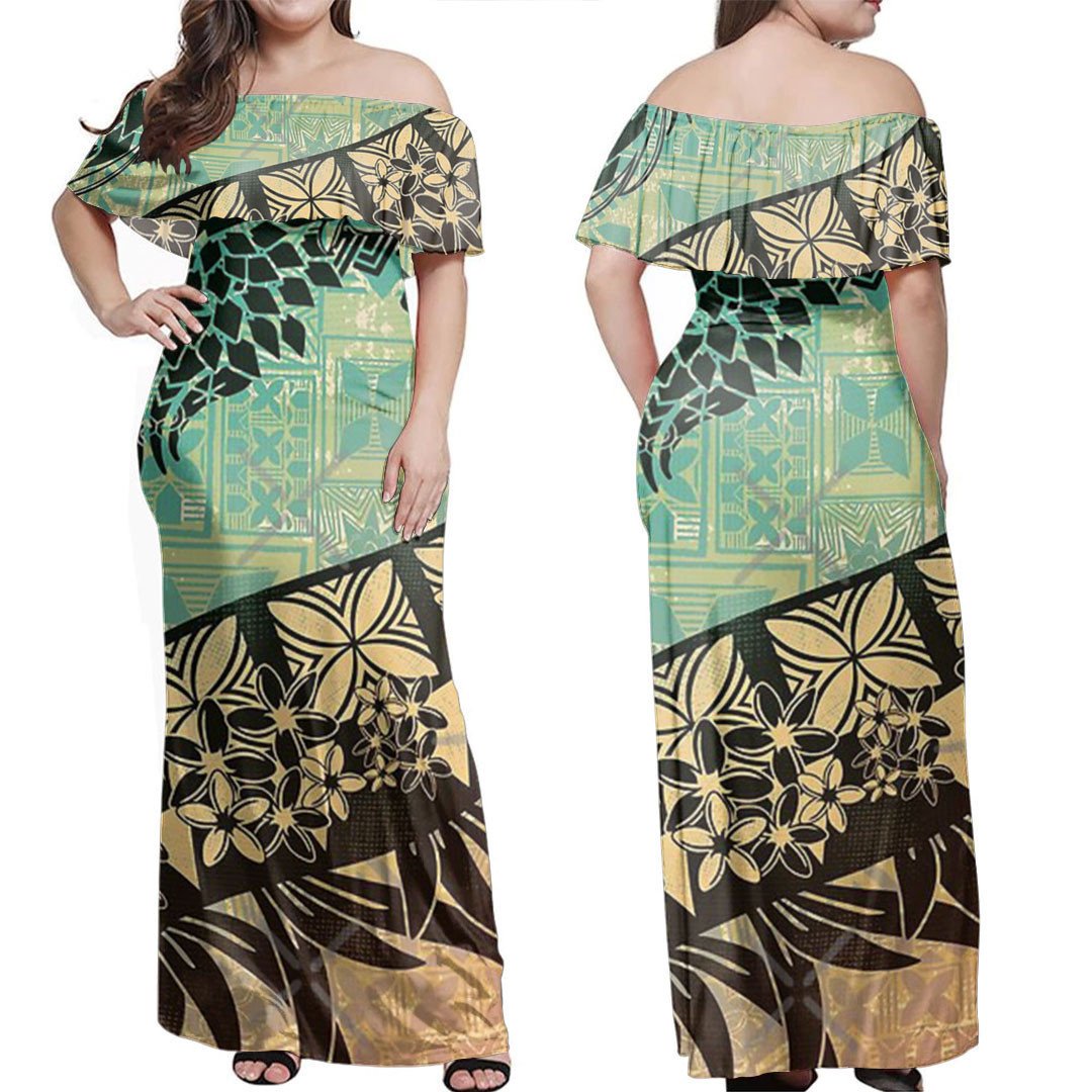 polynesian-dress-vintage-samoan-old-teal-tapa-threads-off-shoulder-long-dress