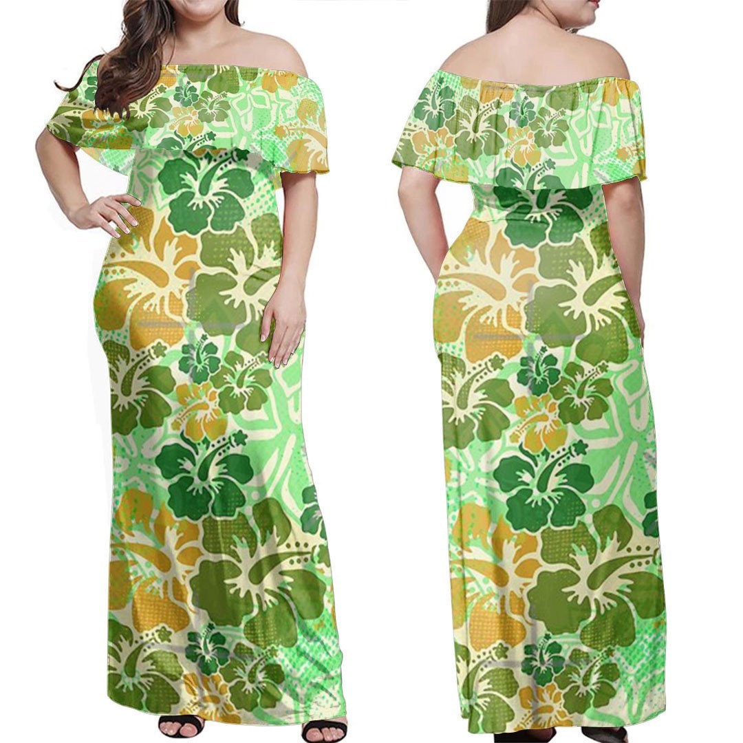 polynesian-dress-green-hibiscus-pattern-decor-off-shoulder-long-dress