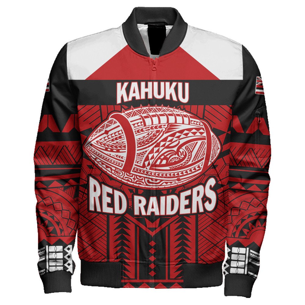 Wonder Print Shop Jacket - Personalized Hawaiian High Kahuku Red Raiders Football Sleeve Zip Bomber Jacket LT10 - Wonder Print Shop