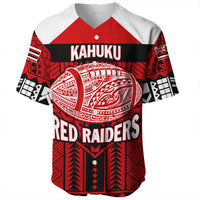 Red baseball jersey with Kahuku, Red Raiders graphic, and tribal print sleeves