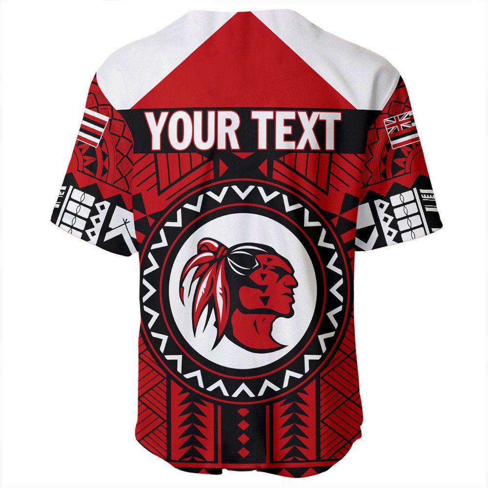 Red baseball jersey back with 'YOUR TEXT' banner and red raider head emblem