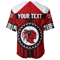 Red baseball jersey back with 'YOUR TEXT' banner and red raider head emblem