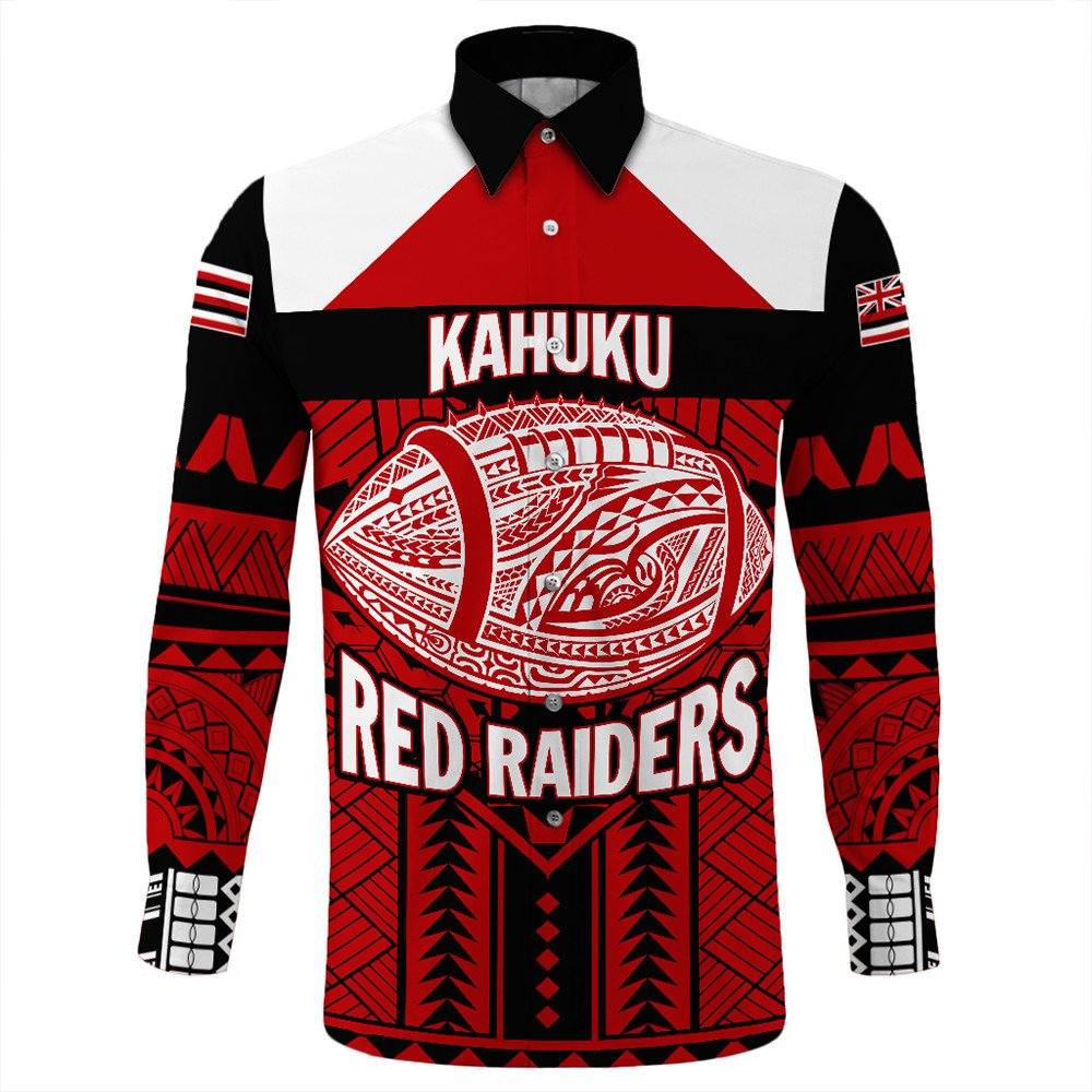 Wonder Print Shop Shirt - Personalized Hawaiian High Kahuku Red Raiders Football Long Sleeve Button Shirt LT10 - Wonder Print Shop