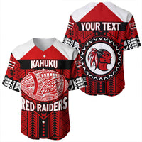 Red baseball jersey showing front and back designs: Kahuku front, 'YOUR TEXT' back
