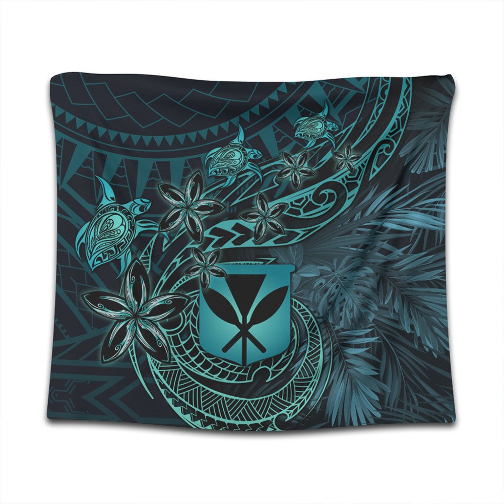 Close-up view of turquoise honu and tiare on dark teal patterned Hawaii tapestry