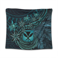 Close-up view of turquoise honu and tiare on dark teal patterned Hawaii tapestry