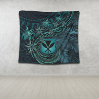 Turquoise honu turtle and tiare flower motifs on dark teal tapestry with leafy pattern