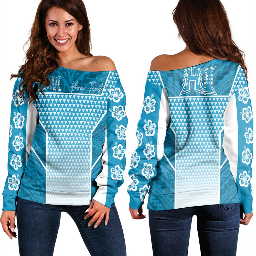 Polynesian Sweatshirt Personalized Kakau Hawaii Polynesian Blue Gradient Women Off Shoulder LT10 - Wonder Print Shop