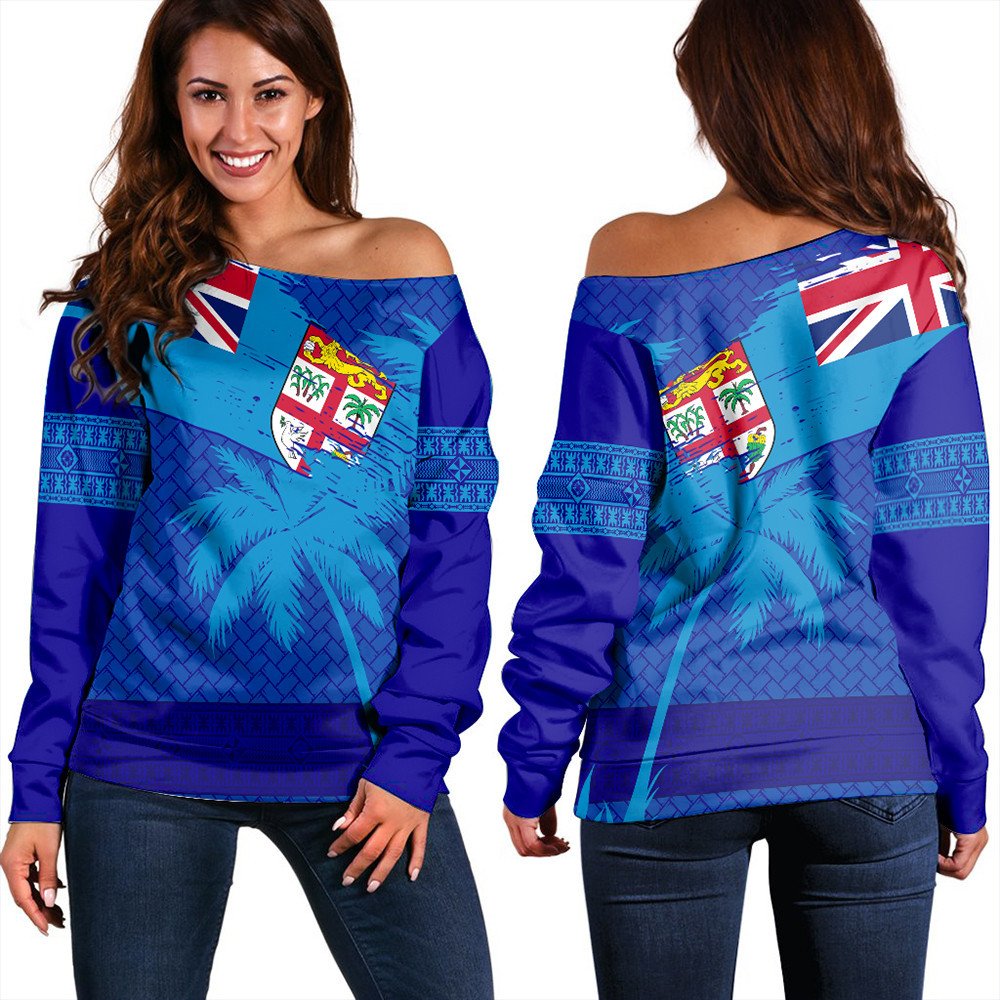 Polynesian Sweatshirt Fiji Palm Tree Coat Of Arms Women Off Shoulder LT10 - Wonder Print Shop