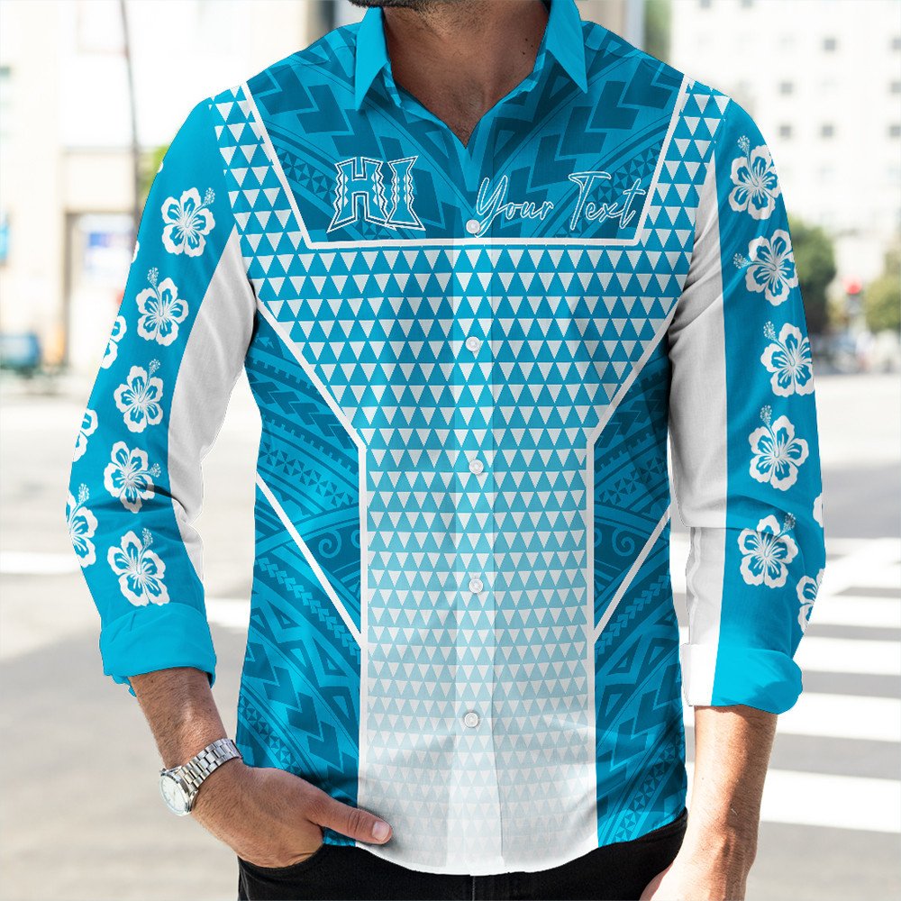 Polynesian Shirt Personalized Kakau Hawaii Polynesian Blue Gradient Long Sleeve Button Shirt LT10 - Wonder Print Shop