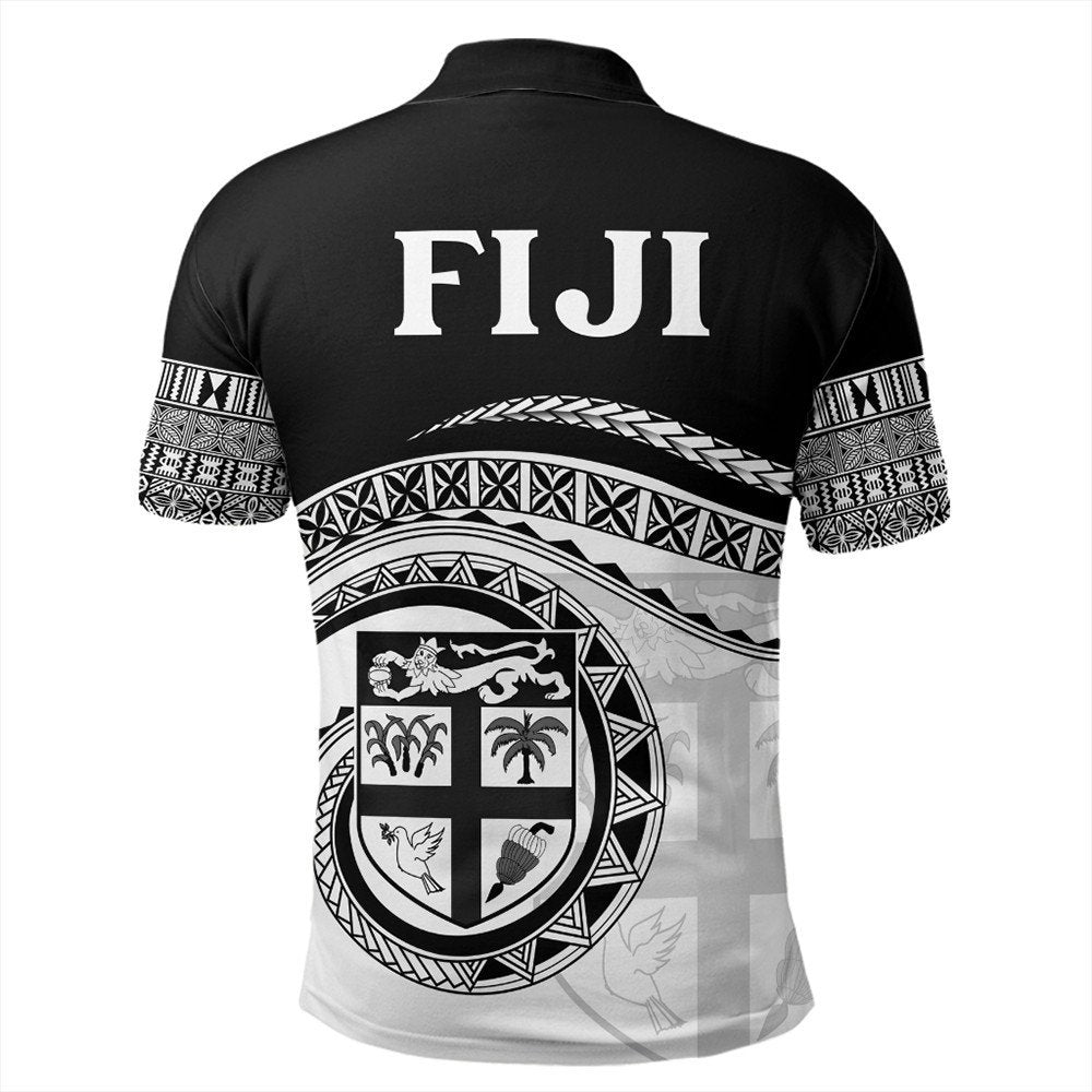 Back view black polo with large 'FIJI' print and tribal crest graphic