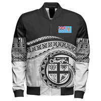 Black zip bomber jacket with Fiji crest and Union Jack patch, Polynesian pattern sleeves