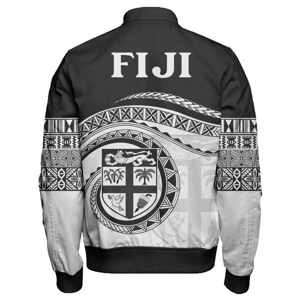 Black zip bomber jacket back: large FIJI text, crest emblem, Polynesian sleeve pattern