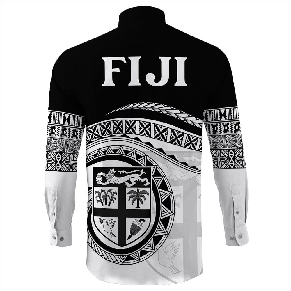 Black long-sleeve button shirt, FIJI text on back with tribal patterned sleeves