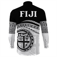 Black long-sleeve button shirt, FIJI text on back with tribal patterned sleeves