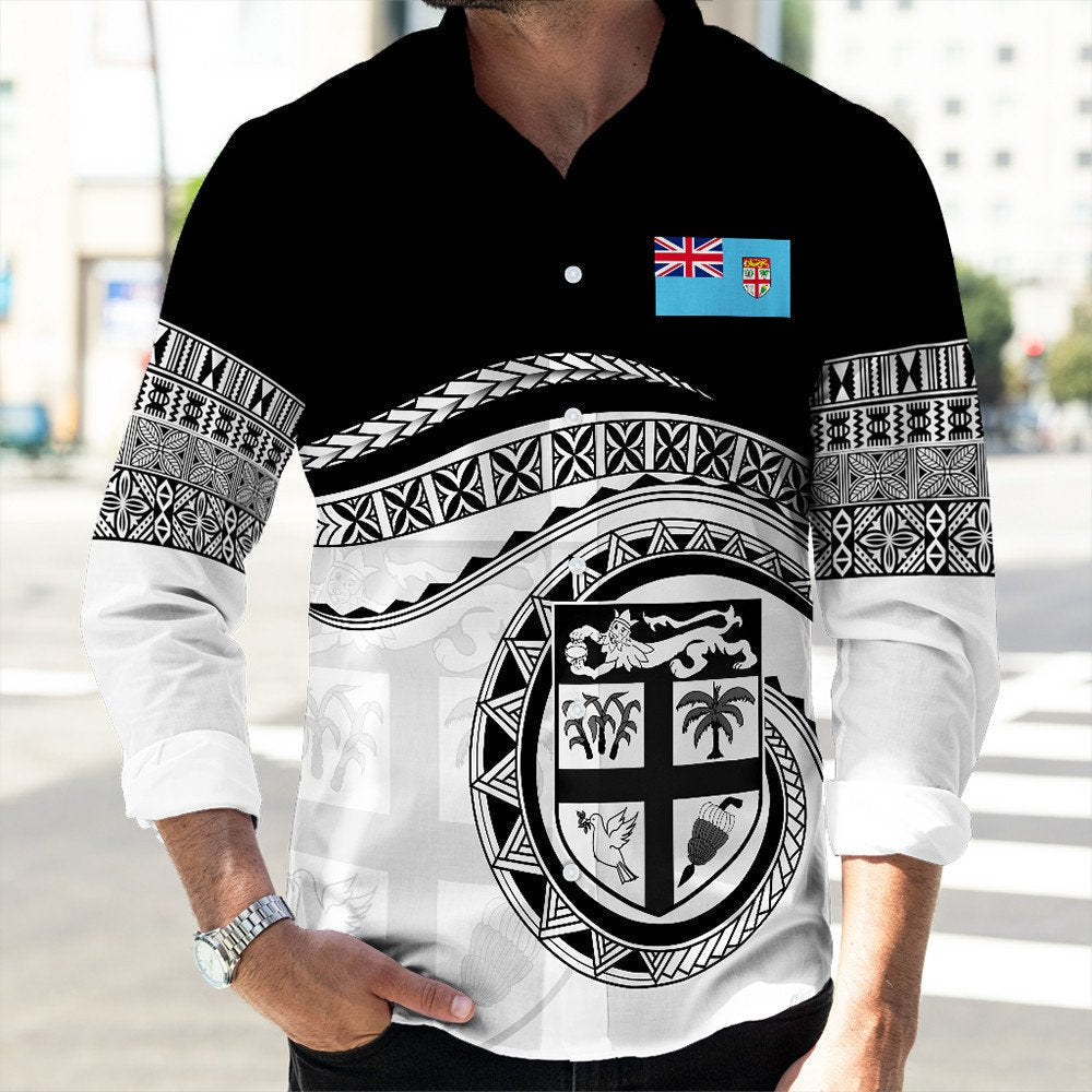 Black long-sleeve button shirt with large Fiji shield graphic and patterned cuffs